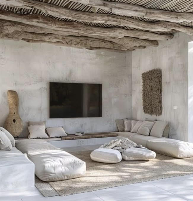 Salón chill-out con paredes encaladas, techo de troncos y sofá de obra en lino